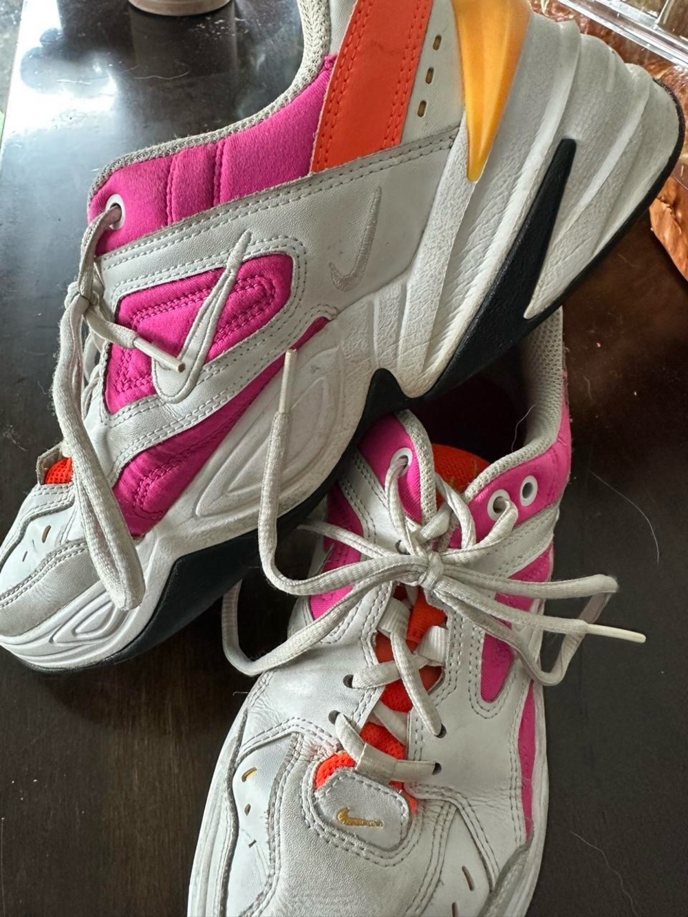 Nike Women’s M2K Tekno White Sneakers with Pink Panels and Orange Accents - Picture 2 of 6
